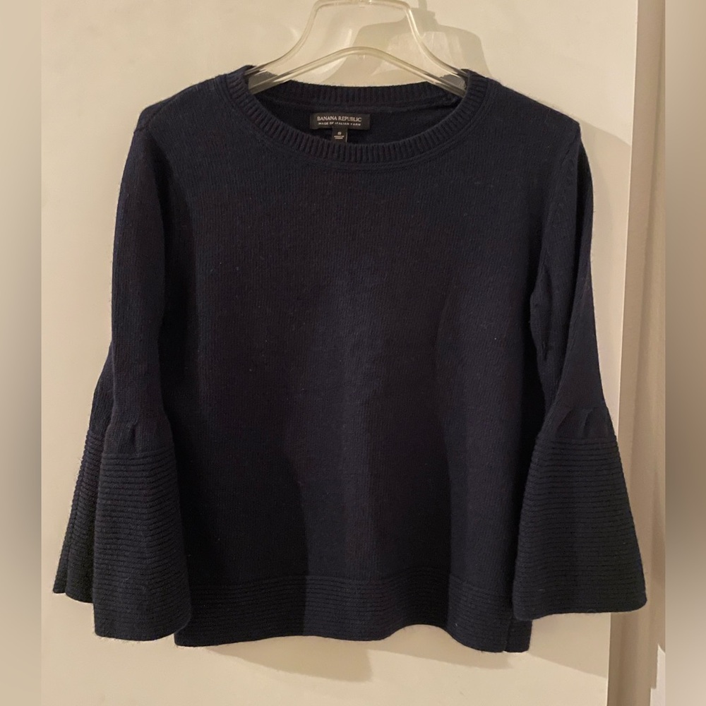 Banana Republic Merino Wool/Cashmere Bell Sleeve Crew Neck Navy Blue Sweater